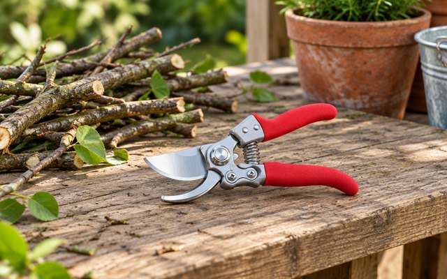 Kynup pruning shears, lying on a wooden potting bench beside a pile of cut branches
