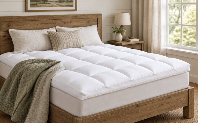 COONP pillow top mattress topper, on a bed in a cozy farmhouse bedroom with a wooden headboard, a quilt turned back at one corner