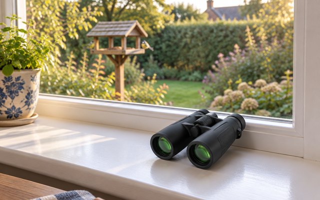Binoculars on a wide windowsill overlooking a garden with a bird table, late afternoon light