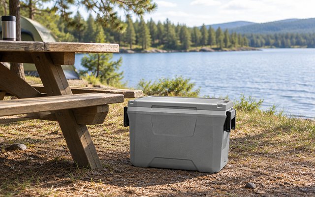 Coleman Classic 52-quart cooler, beside a picnic table at a lakeside campsite