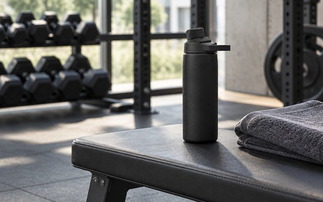 Insulated water bottle, on a gym bench beside a folded towel
