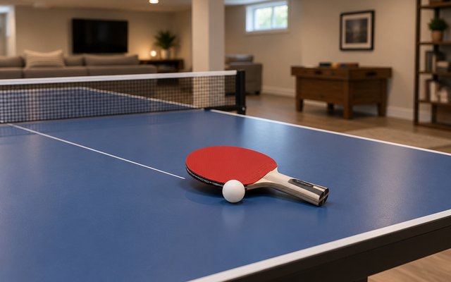 PRO-SPIN carbon paddle, resting on a blue ping pong table in a finished basement game room