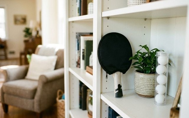 Carbon ping pong paddle with its head in a round black zippered cover, the handle out, on a white bookshelf in a bright den