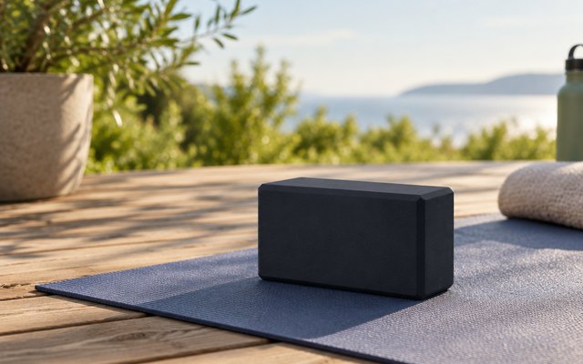 Gaiam Foam Yoga Block, on a mat on a wooden deck outdoors in morning light