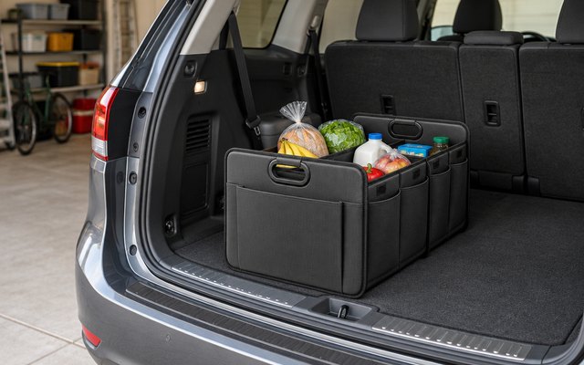 Homeve heavy-duty trunk organizer, in the cargo area of a minivan parked in a suburban garage