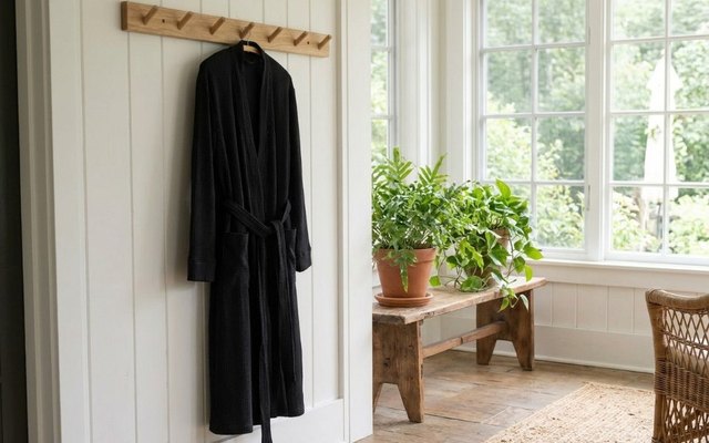 Long black waffle robe hanging from a wooden peg rail in a bright sunroom