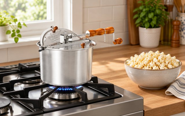 Whirley Pop stovetop popper, on the burner of a gas stove in a cozy kitchen, a bowl of fresh popcorn beside it