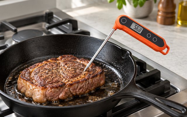 Orange instant-read thermometer in a steak in a cast-iron pan