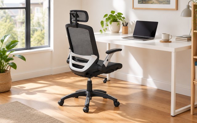 GABRYLLY mesh office chair, at a white desk in a sunlit home office with hardwood floors