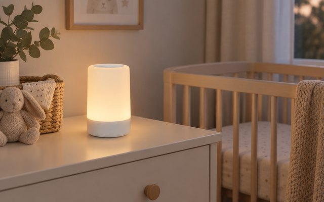 G Keni night light, glowing warmly on a dresser in a nursery beside a crib