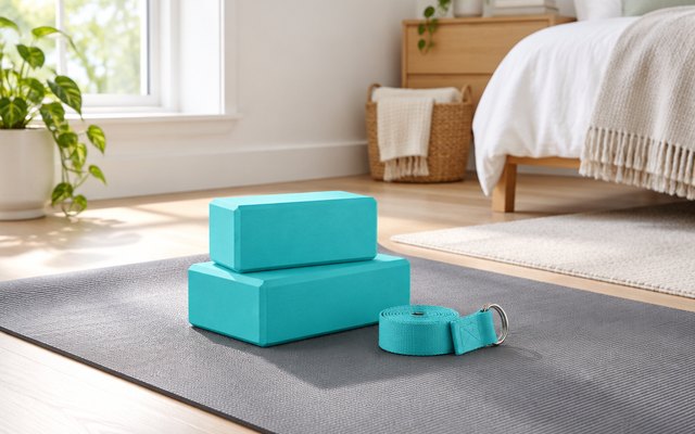 Core Balance yoga block and strap set, on an exercise mat in a bright spare bedroom
