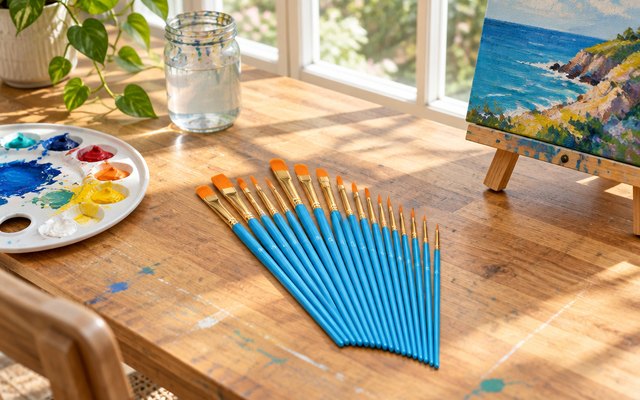Soucolor paint brush set, on a craft table in a sunlit sunroom beside a palette of acrylic paints and a small canvas