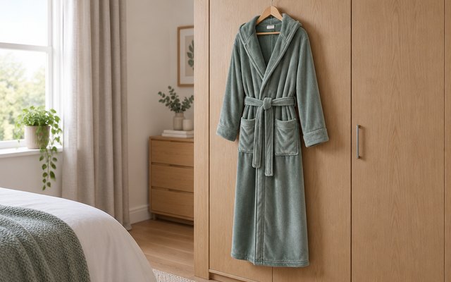 NY Threads hooded fleece robe, on a wooden hanger on a bedroom wardrobe door