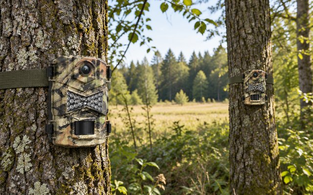 WOSODA G200 trail cameras, each strapped to a different tree trunk at the edge of a woodland clearing