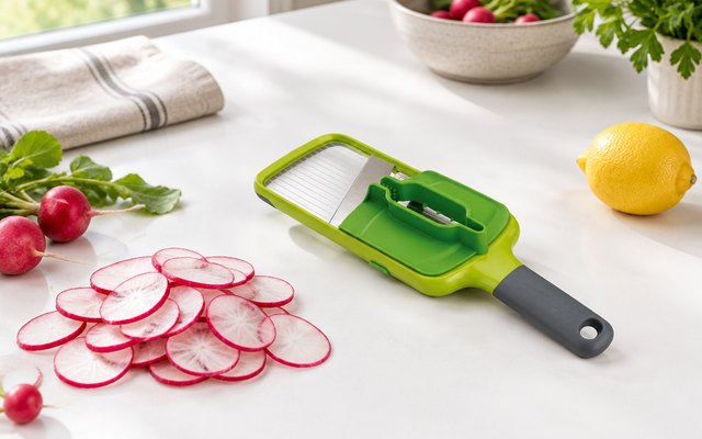 Joseph Joseph Multi-Grip mandoline, on a white counter beside a heap of thinly sliced radishes and a lemon
