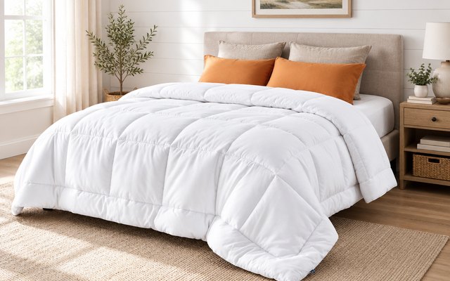 Bedsure down alternative comforter, spread across a queen bed in a bright American bedroom with a white shiplap wall and a wooden nightstand, folded back a litt
