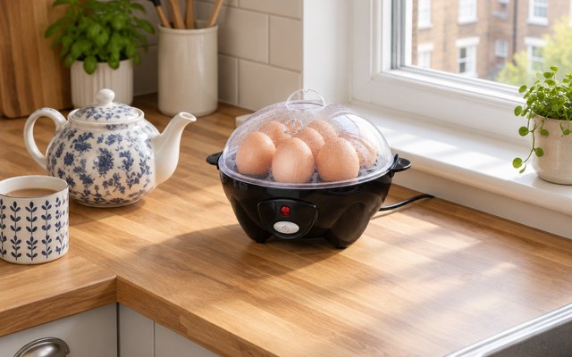 Tower egg cooker, with eggs inside, on a kitchen worktop by a window
