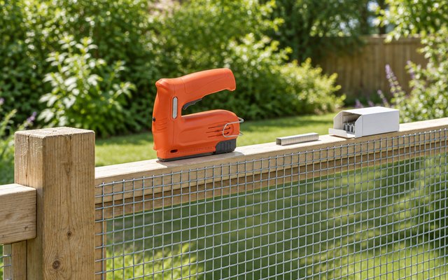 Tacwise battery staple gun, resting on the top rail of a garden fence with new mesh stapled along it