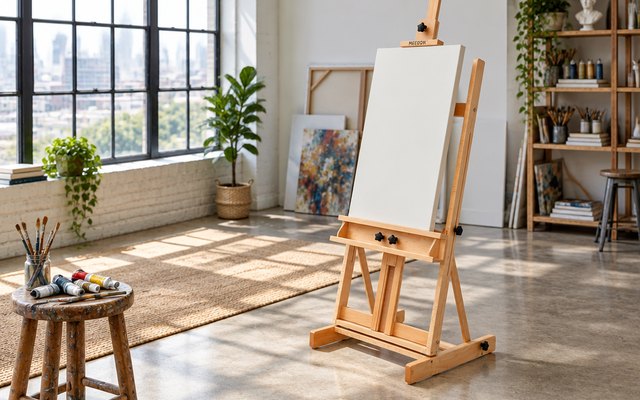 MEEDEN Large H-Frame Easel, large wooden H-frame studio easel holding a tall canvas in a spacious loft studio with big windows, paint tubes on a stool