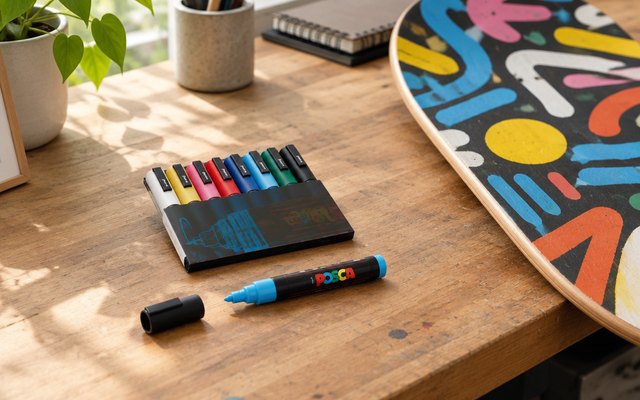 POSCA PC-5M paint markers, on a desk beside a skateboard deck decorated with bright abstract shapes