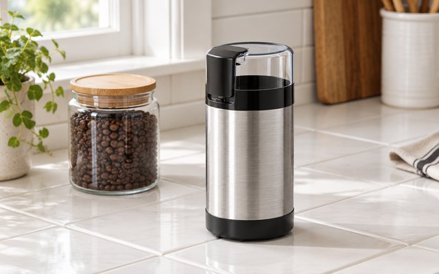 BLACK+DECKER One Touch grinder, on a white tile counter in a farmhouse kitchen beside a jar of coffee beans