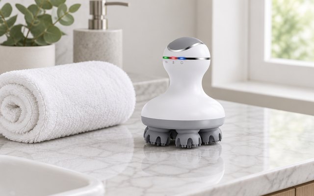 COMFIER cordless scalp massager, on a bathroom counter beside a rolled white towel