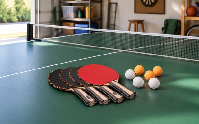 STIGA Performance paddle set, on a green ping pong table in a garage game area