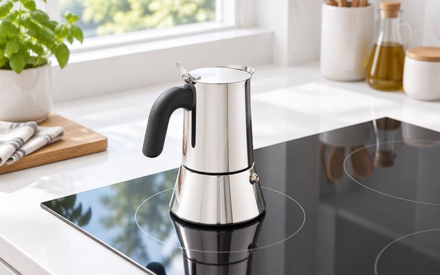 Bialetti Venus 6-cup, stainless steel moka pot on an induction stovetop in a modern kitchen