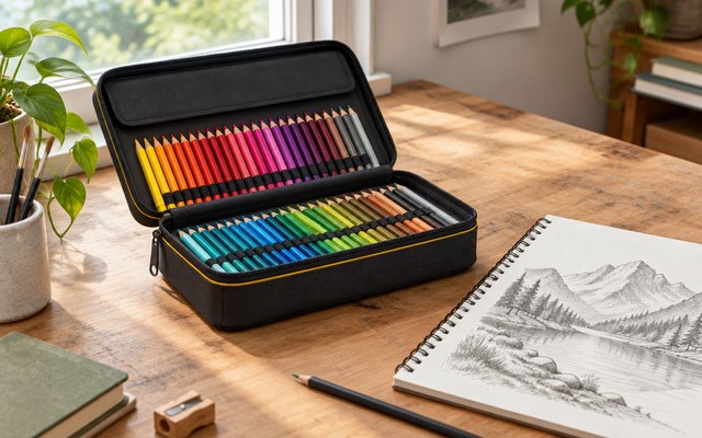 An open zip case of coloured pencils in rows on an artist's desk