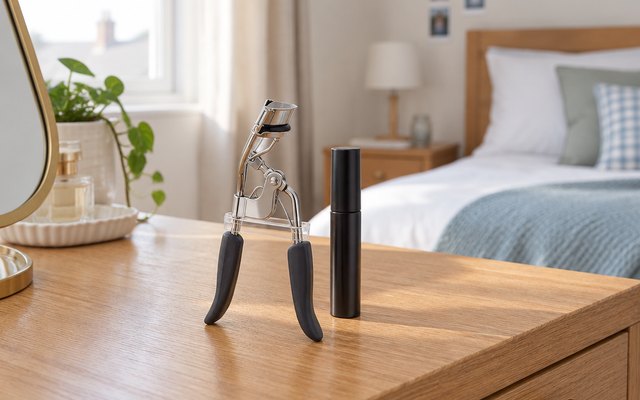 Eyelash curler, on a dressing table beside a plain mascara tube in a British bedroom