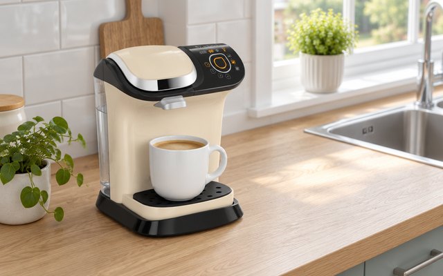 Cream pod coffee machine with a mug of coffee, on a British kitchen worktop