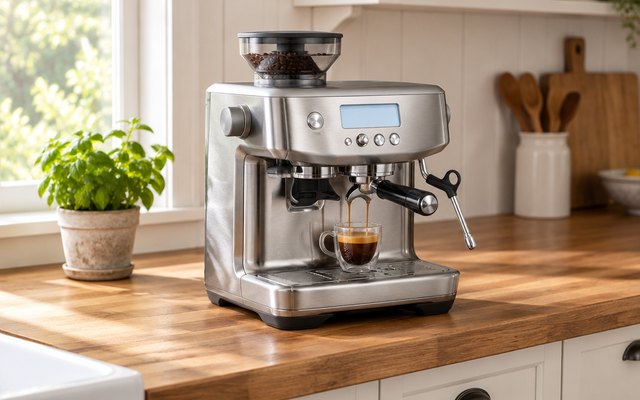 Breville Barista Pro, on a butcher-block counter in a farmhouse kitchen beside a small potted herb