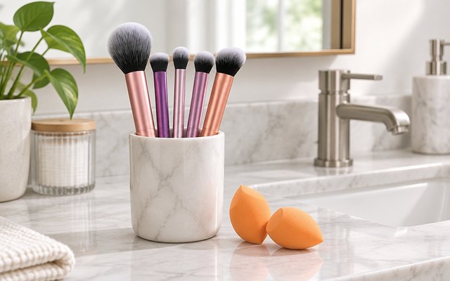 Real Techniques Everyday Essentials set, on a bathroom vanity