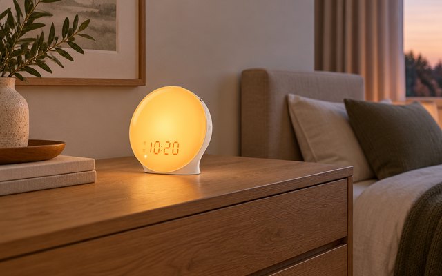 JALL full-screen sunrise alarm clock, on a wide oak dresser in a large primary bedroom