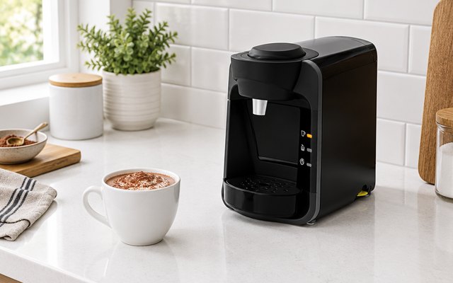 Tassimo Suny pod machine, on a kitchen worktop with a mug of hot chocolate