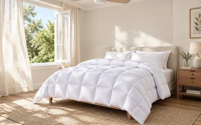 DOWNCOOL lightweight comforter, on a bed in a breezy summer bedroom with a ceiling fan and an open window looking onto green trees