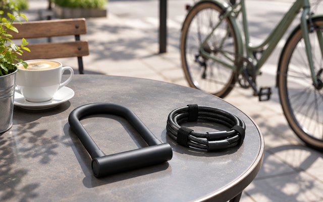Sportneer U-lock and its coiled cable, lying side by side on a café table on a sunny city sidewalk