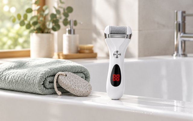 Elmchee electric foot file, standing on the edge of a white bathtub beside a folded towel and a pumice stone, morning light