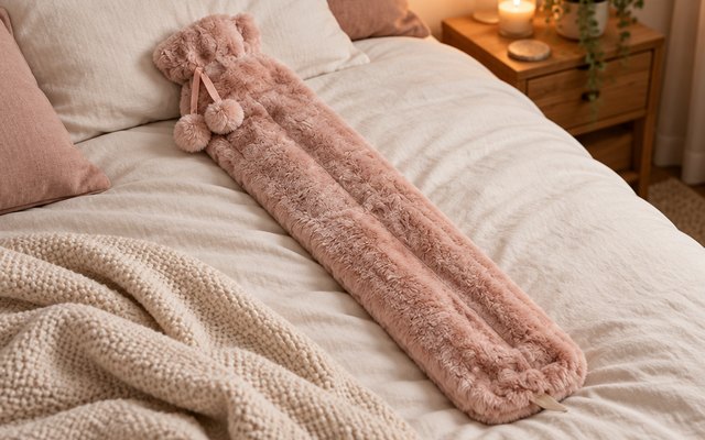 Revitale Extra Long Hot Water Bottle with Faux Fur Cover, extra-long hot water bottle with a faux fur cover lying across a made bed with pillows, cozy evening l