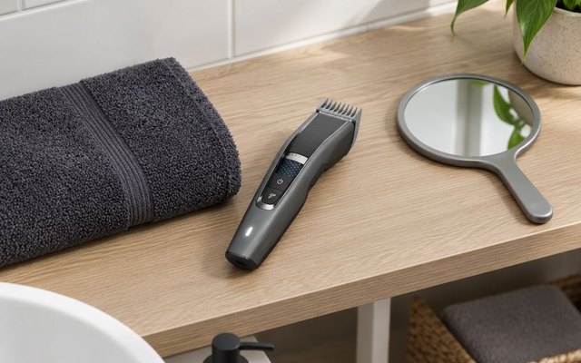 Grey cordless hair clipper with its guide comb on a bathroom shelf by a towel