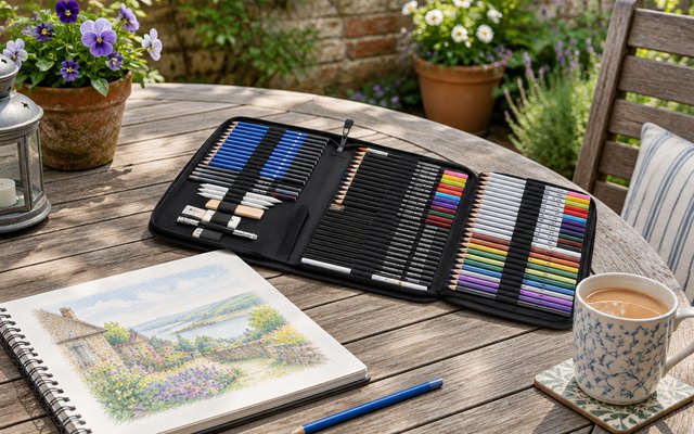 KALOUR sketching kit, on a garden table on a British patio beside a sketchbook and a mug of tea