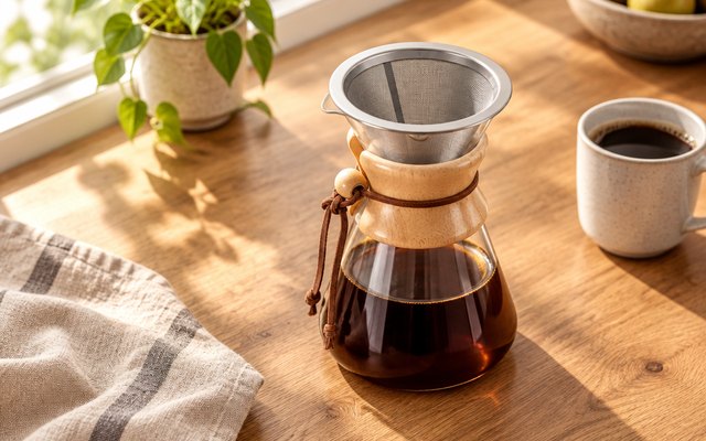 Cosori 8-cup pour-over, glass pour-over carafe with a steel filter by a sunny window