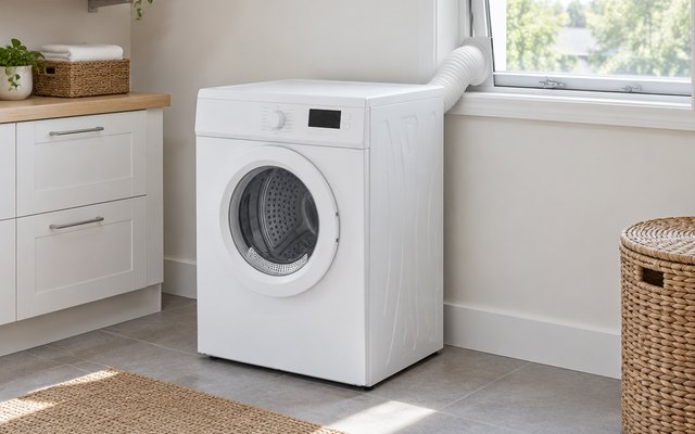 Montpellier vented tumble dryer, in a utility room, its vent hose leading to a slightly open window