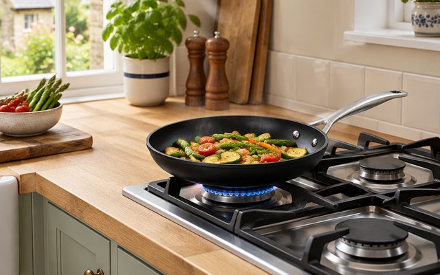 Frying pan, on a gas hob in a British cottage kitchen