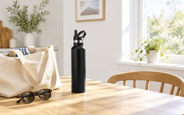 Black narrow-mouth Iron Flask bottle with a straw lid on a sunny kitchen table beside a canvas tote bag and sunglasses