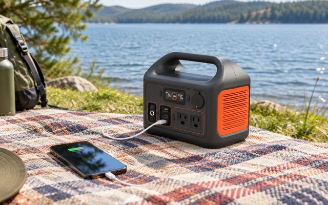 Jackery Explorer 300, on a picnic blanket at a lakeside, a phone charging from it