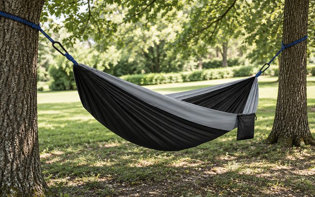 Kootek double hammock, in a shady backyard between two oak trees, a lawn beyond