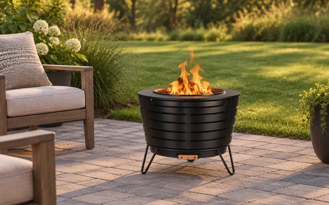 TIKI 25-inch smokeless fire pit, on a paver patio at the edge of a green lawn with patio chairs, flames burning low in the late afternoon