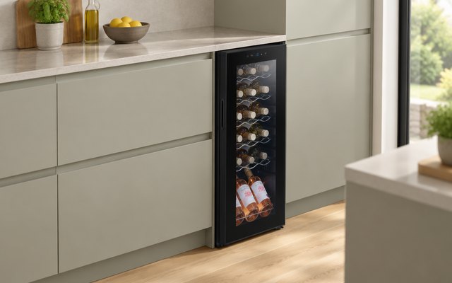 Dellonda 18-bottle wine cooler, built into a narrow gap in a kitchen