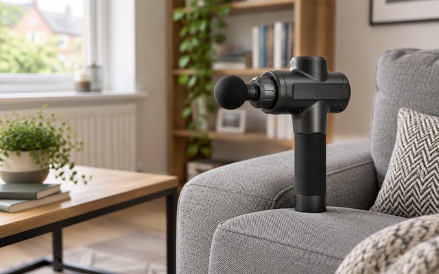 Massage gun resting on the arm of a grey sofa in a living room